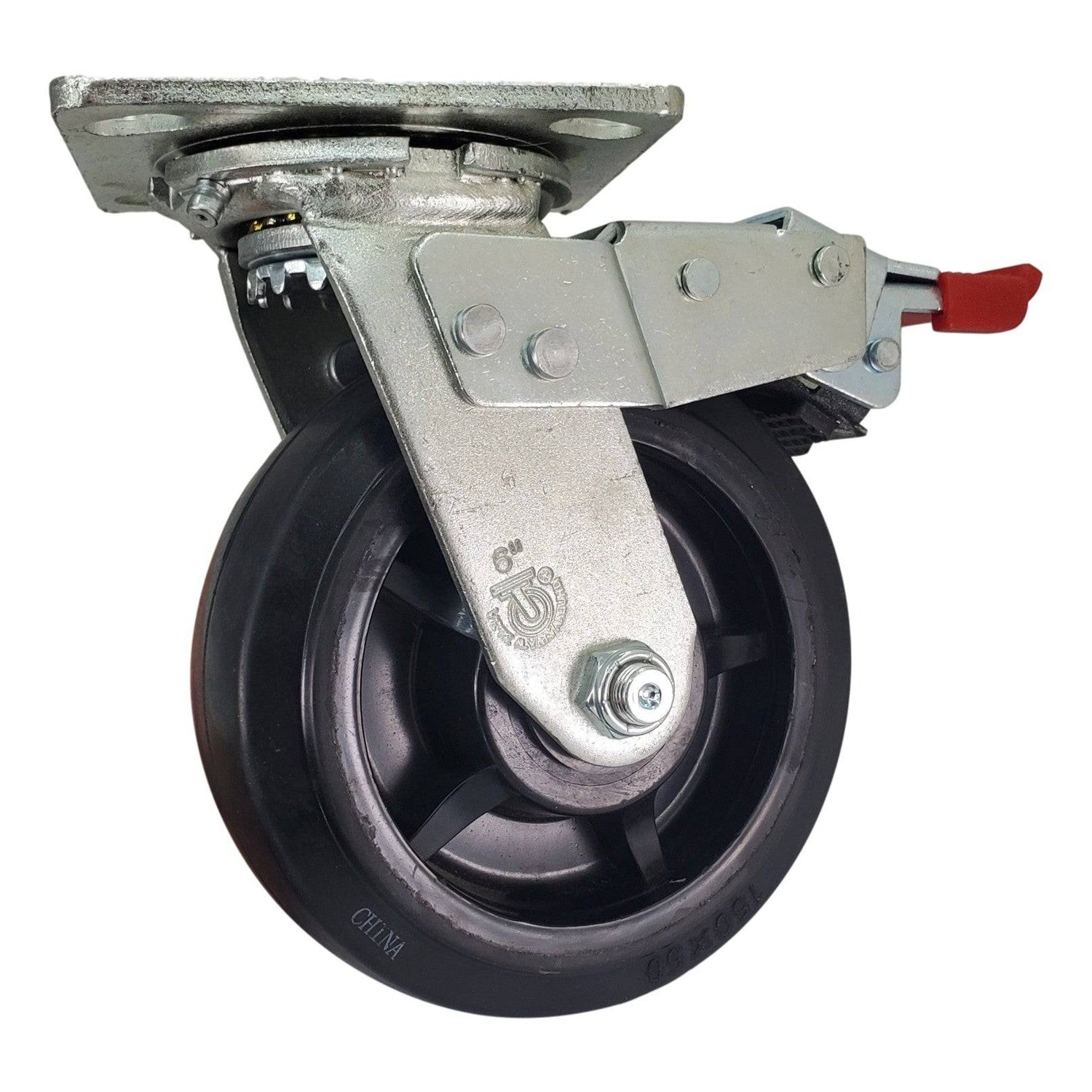6" x 2" Trailing Total Lock Swivel Caster with Rubber on Nylon Wheel - FTNR60JB6017YY