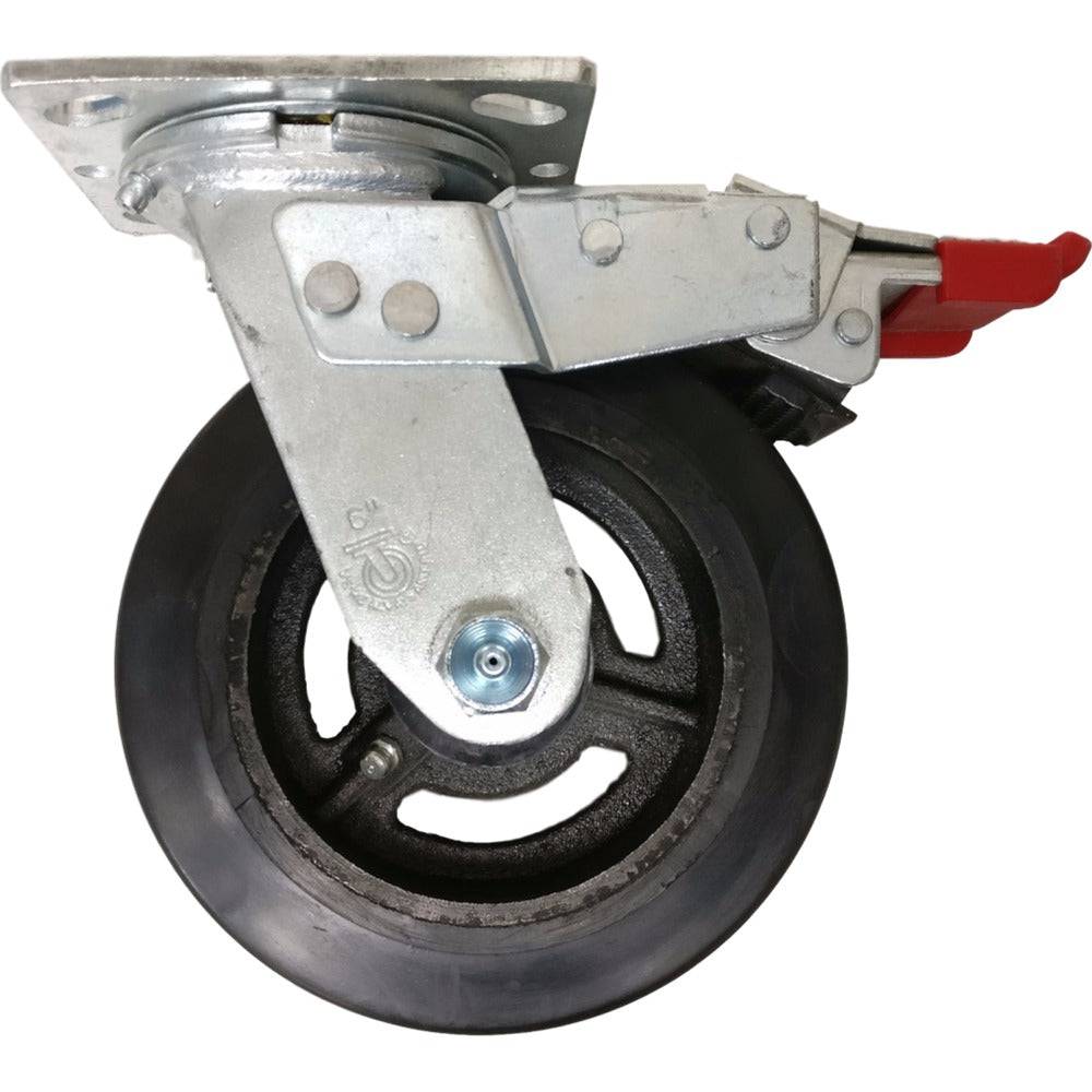 6" x 2" Trailing Total Lock Swivel Caster with Mold-On Rubber on Cast Iron Wheel - FTRS60JB0417YY