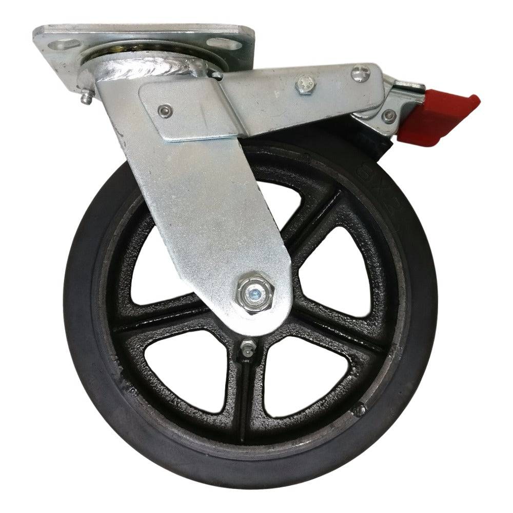8" x 2" Trailing Total Lock Swivel Caster with Mold-On Rubber on Cast Iron Wheel - FTRS80JB0417YY